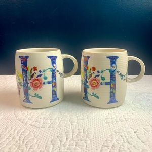 Two Starla M Halfmann Mugs Anthropologie "H" Monogram Letter Initial Flowers